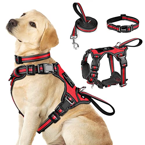 WINSEE-Pet-Harness-Collar-and-Leash-Set-All-in-one-Reflective-Dog-Harness-No-Pull-with-Adjustable-Buckles-for-Puppies-Small-Medium-Large-and-Extra-Large-Dogs-Large-Red