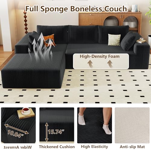 Image of 96 inch Modular Sectional Couch, Boneless L Shaped Cloud Sofa with Chaise Lounge, Corduroy Upholstered Couches Memory Foam Deep Seat, No Assembly Required, Ideal for Living Room(Black, Left Facing)