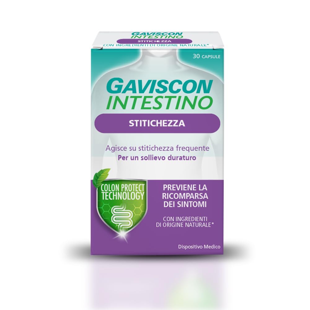 Gaviscon Intestino Stitichezza, Agisce sulla Stitichezza frequente e aiuta a prevenirne la ricomparsa, con ingredienti di origine naturale*, tecnologia colon protect, 30 Capsule