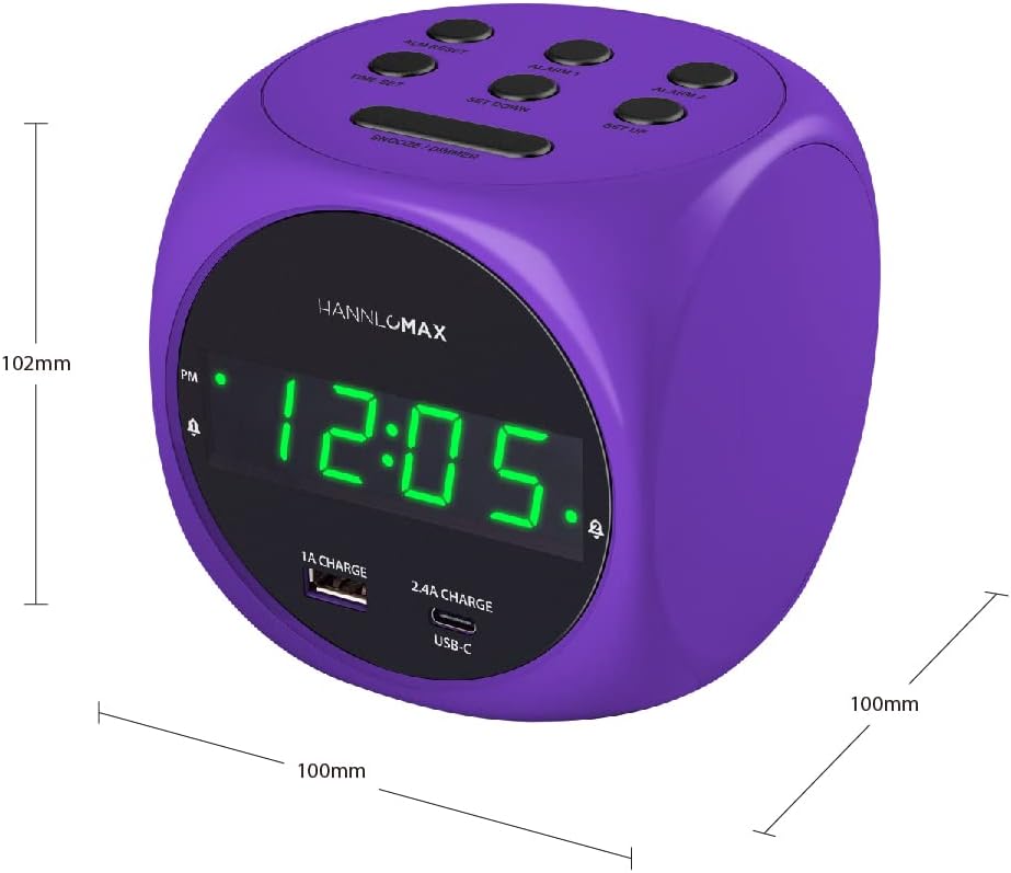 HANNLOMAX HX-702C Digital Clock with Dual Alarm, 0.7" Green LED Display. Dual USB Ports (USB-A & Type-C) for Charging, AC Operation only. (Purple)