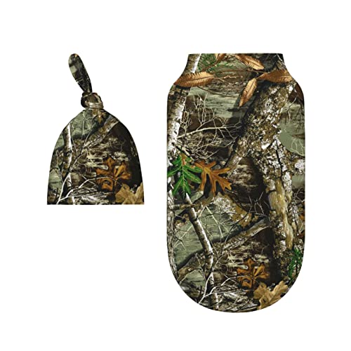 Image of LOGMOR Autumn Hunting Tree Camo Baby Newborn Swaddle Blanket with Beanie Hat Set, 100% Cotton Receiving Blankets Sleep Sack for Boy & Girl Newborn Shower Gift