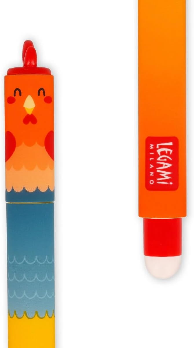 LEGAMI - Set of 15 Erasable Gel Pens with Thermosensitive Erase Ink, Range of ink colours & barrel designs, 0.7mm Tip, Animal Designs, Panda, Chicken, Dino etc