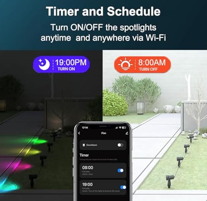 Smart Outdoor Spot Lights 6 Pack ¨C Plug-in 12V DC Powered, 54 Feet RGBW Color Changing Landscape Lighting, IP65 Waterproof, App/Voice/Control Box, for Garden Yard Decor