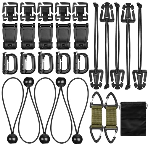 Molle Backpack Accessories Kit, Tactical Gear Vest Belt Organization Set with Grimlcok D-Rings, Web Dominators with Elastic String, Strap Management Tool Buckle, Bungee Ball Cord, Keychain Hanging
