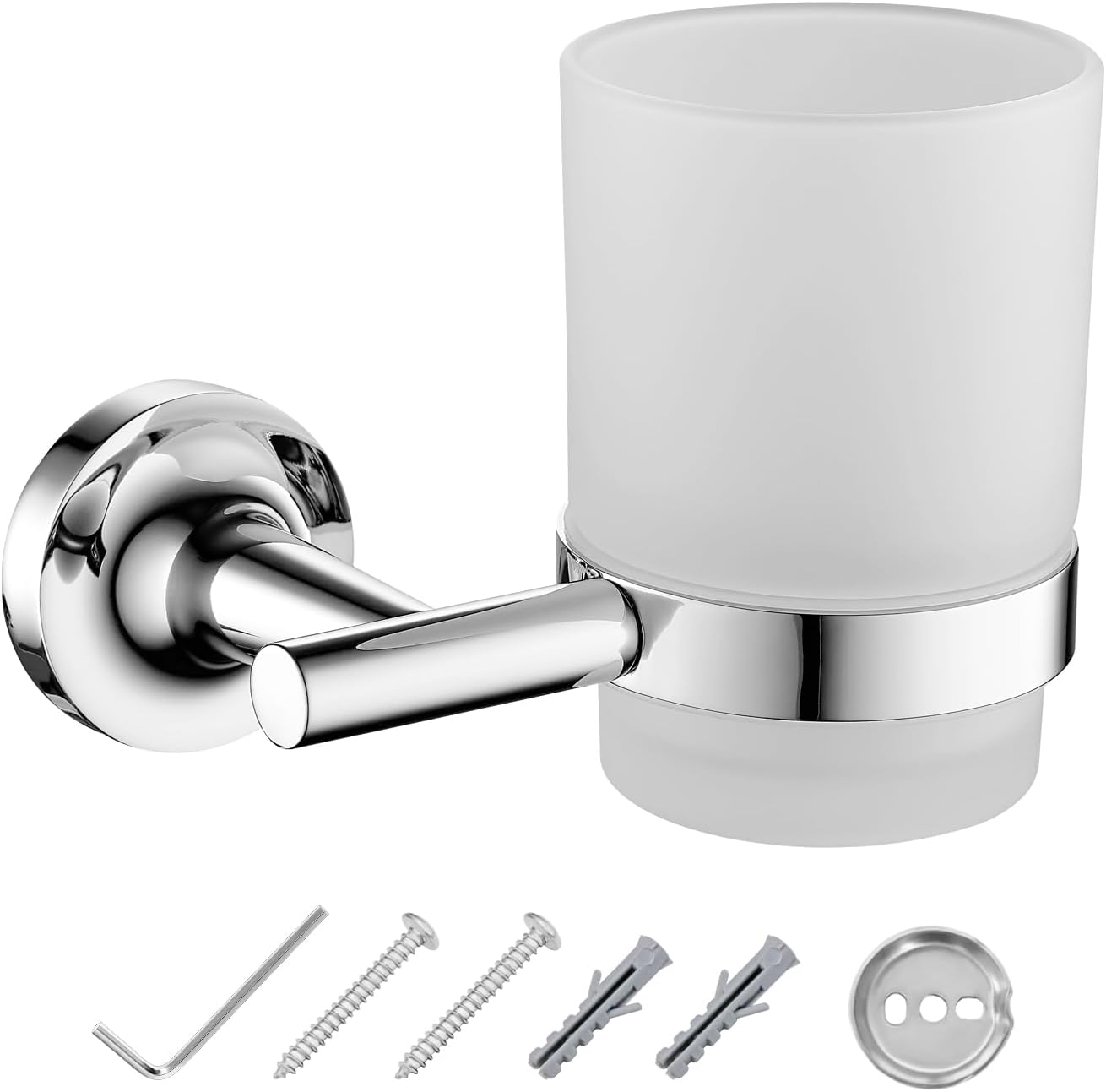 JASSFERRY Wall Mounted Toothbrush Holder Frosted Glass Tumbler Tooth Brush Holder Bathroom Toothpaste Round Cup Set Chrome