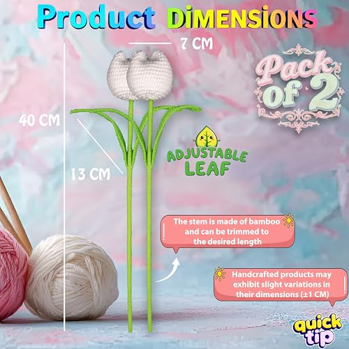 Image of Tulip Crochet Flowers | Handcrafted Artificial Faux Woolen Flower with Long Stem | Natural Looking Knitted Flower for Home, Living Room, Vase & Bouquet Decoration & Gifting | White- 2 Pcs