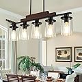Dining Room Light Fixture Over Table Above Farmhouse Kitchen Island Lighting,Matte Black Rustic Rectangular Linear Chandelier Wood Pendant 5-Light Ceiling Hanging with Glass Shade for Bar Restaurant