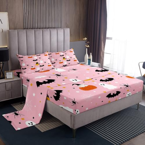 Feelyou Happy Halloween Sheet with 16 Inch Deep Pockets Full Size Cute Ghost Bed Sheets Set for Kids Boys Girls Decor Bat Spider Cobweb Ghost Festival Cat Pink Bedding Soft Bedroom Decor 4Pcs