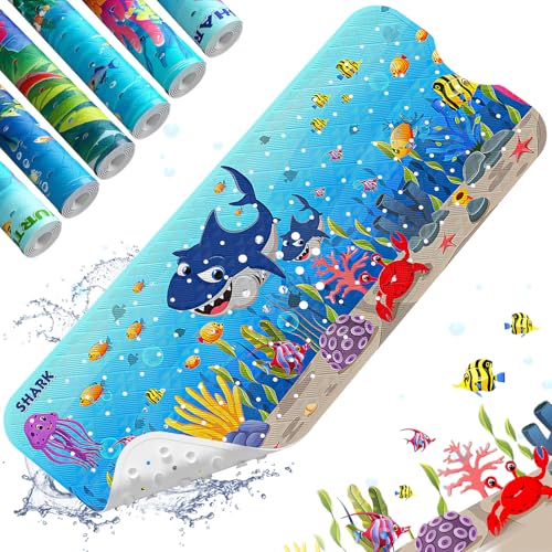 Image of XIYUNTE Baby Bath Mat for Tub Non Slip Kids Bath Mat - 40''x16'' Extra Long Cartoon Bathtub Mat Non Slip Kids Shower Mat Eco-Friendly Toddler Bath Mats with Suction Cups, Machine Washable, Shark