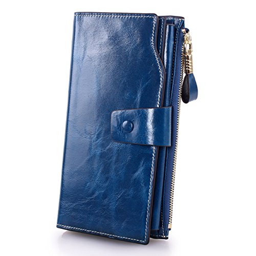Yafeige Women's RFID Blocking Genuine Leather Wallet Large Capacity Long Trifold Clutch Wallet Multi Card Holder Organizer Purse(Peacock Blue)