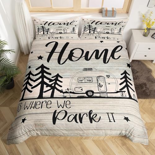 RV Happy Camping Bedding Set Queen Size,Home is Where We Park It Duvet Cover Set for Children Bedroom Present, Rustic Farm Camping Lovers Microfiber Comforter Cover with 2 Pillowcases