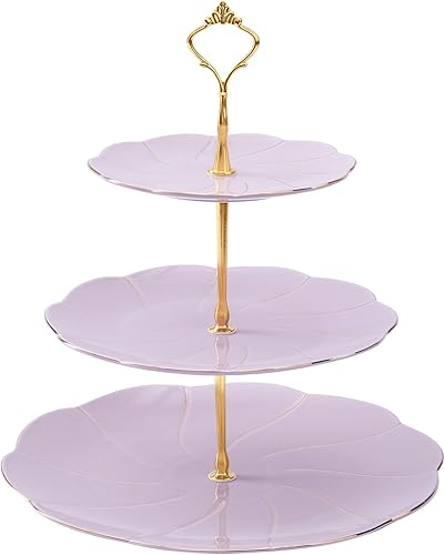 Miniatura 10 de DUJUST Torre de porcelana de lujo de 3 niveles para cupcakes, bandeja de servir estilo británico con borde dorado, soporte de exhibición de postres