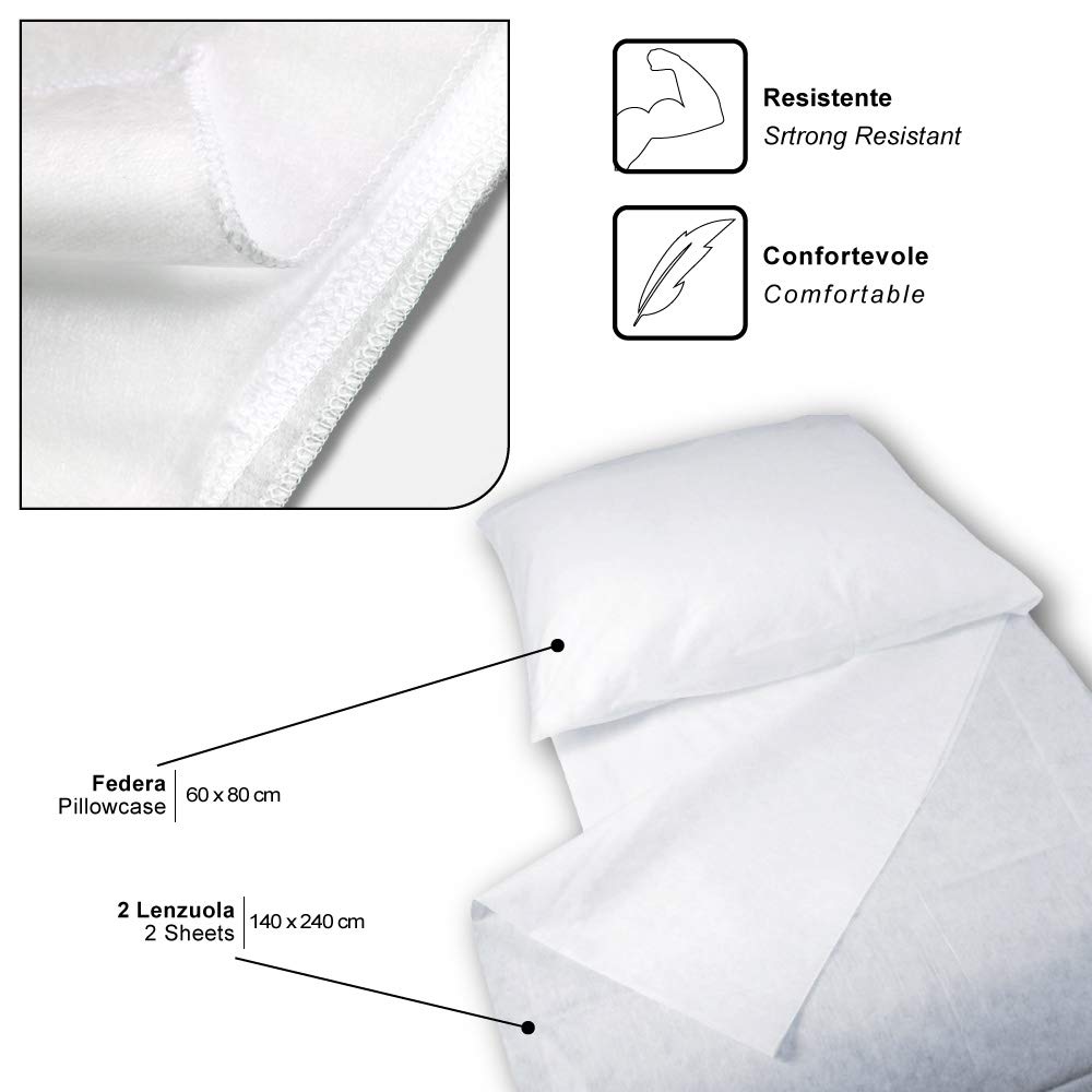 15 Juegos De Cama Individual Desechable En Viscosa 2 Sábanas Cm 140 x 240 y 1 Funda De Almohada Cm 60 x 80