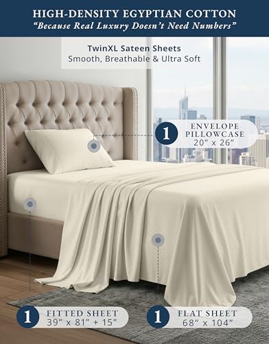 Image of LANE LINEN Light Blue Twin XL Sheets 100% Egyptian Cotton Sateen - Ivory | Blue Twin XL Sheets - 3-Piece Set, Ideal For Dorms And Adjustable Beds, For A Luxurious Night's Sleep, Luxe Sheen