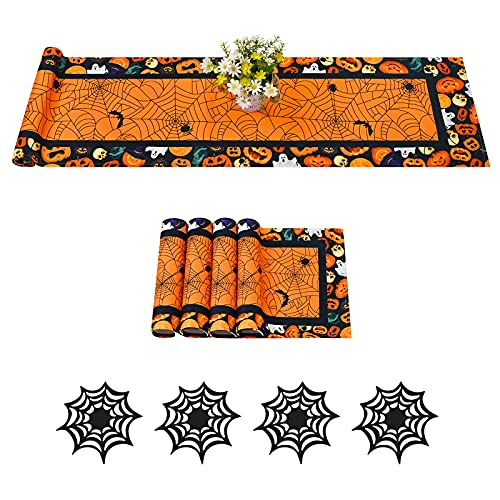 ASPMIZ Halloween Table Runner with Placemats Set, Spooky Pumpkin Spider Table Runner with 4 Placemats and 4 Coasters, Burlap Table Runner for Halloween Decorations and Dinner Parties,14 x 72 Inches