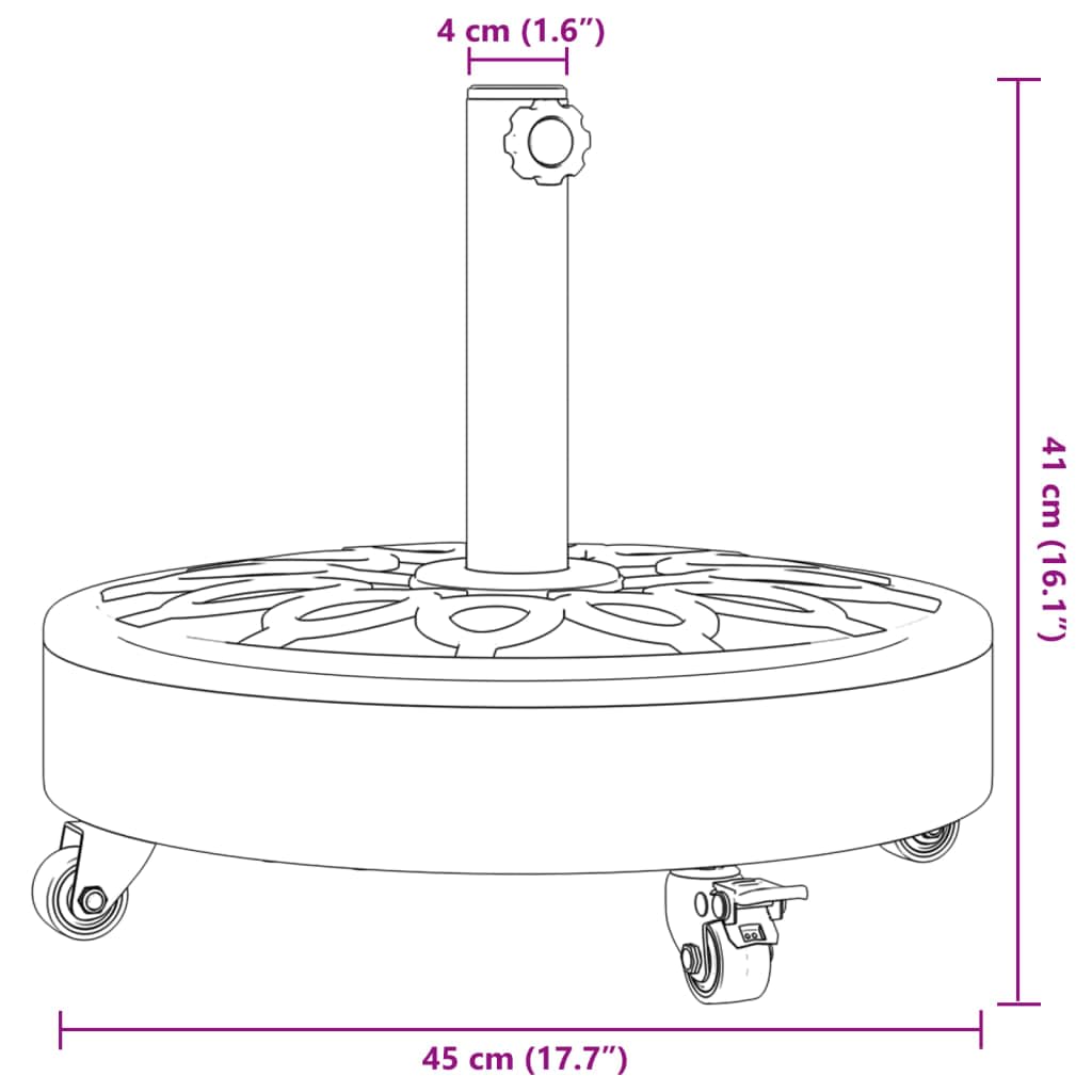 Pied de parasol à roulettes 27 kg rond pour canne 38 et 48 mm avec roulettes pivotantes verrouillables et bouton de serrage