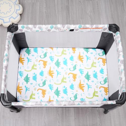 Image of PHF Soft Mini Crib Sheet Set, 2 Pack Silky Comfy Pack N Play Sheets for Boys Girls, Universal Fit for Pack N Play, Playard and Mini Crib Mattresses, Dinosaur