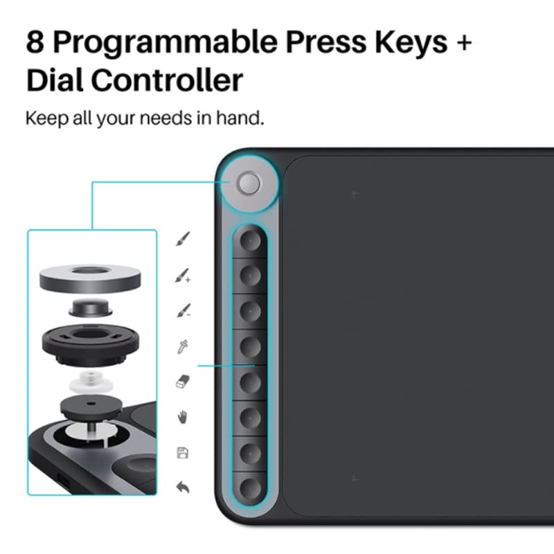 Tableta gráfica digital con dial para PC y Android, área activa de 10,5 x 6,56 pulgadas, sensibilidad a la presión de 8192 niveles, incluye lápiz PW500 sin batería, cable USB-C, receptor 2,4 GHz y adaptador OTG miniatura 3