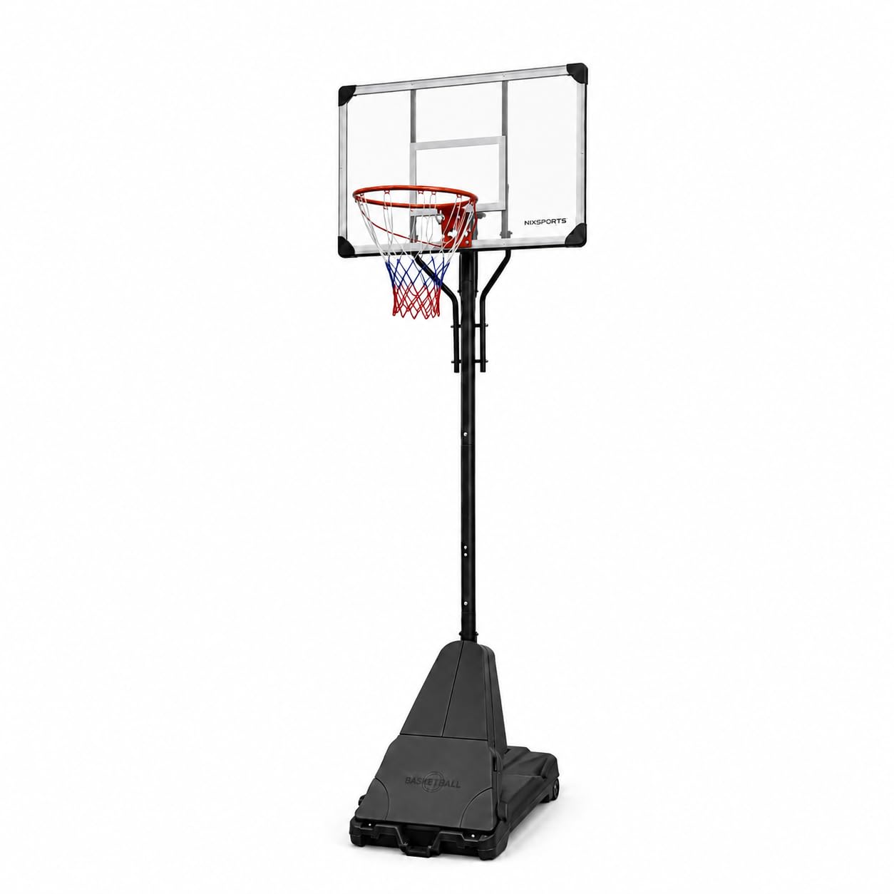 Canasta de Baloncesto portátil Regulable con Ruedas – Base rellenable, aro metálico con Red Tricolor – Uso jardín y Exterior