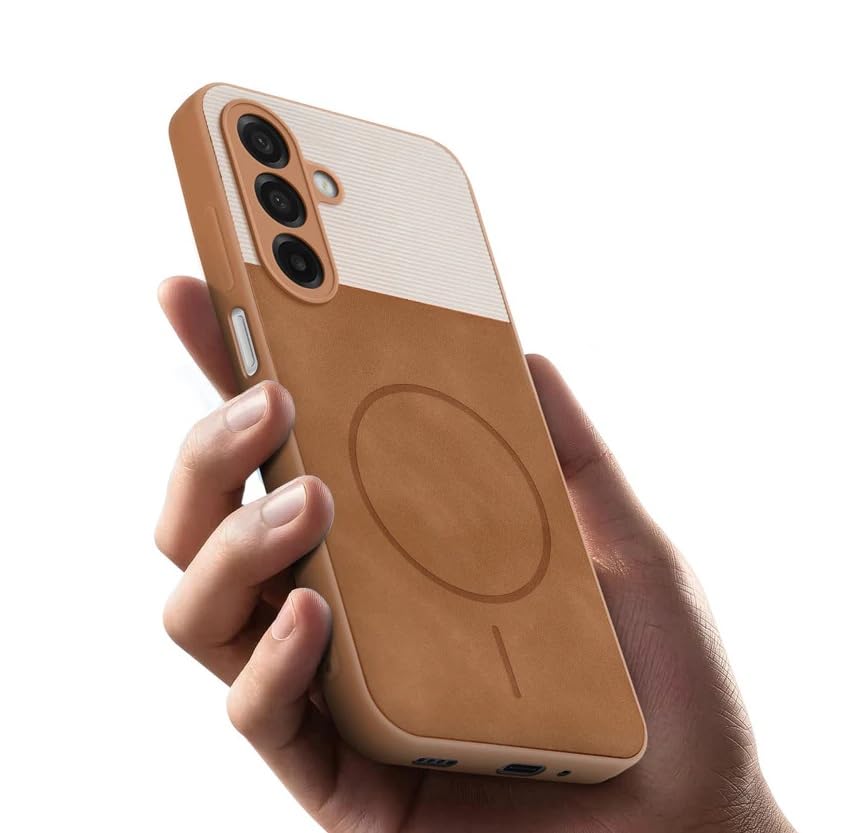 Image of Bintage CASE Dual-Leather Mac Safe Design Phone Case| Soft Touch Finish | Full Camera Protectection Back Cover Compatible for Samsung A26 / A17 / F17 / M17 - White & Nut Brown