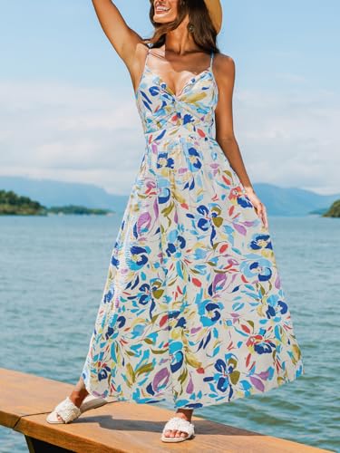 Image of CUPSHE Summer Dress for Women V Neck Sleeveless Floral Cutout Smocked Ruffled Maxi Formal Beach Dress