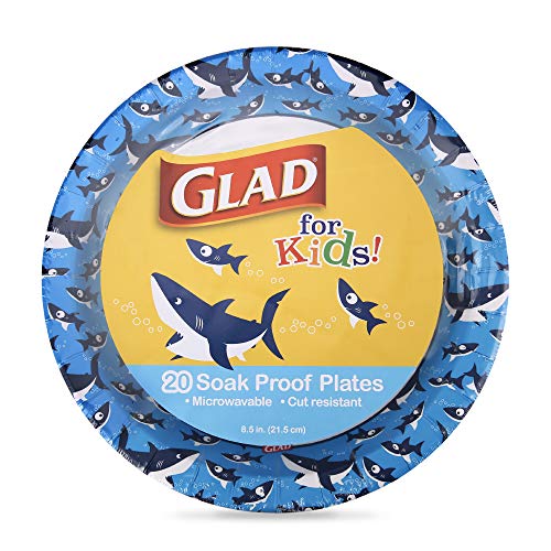 Glad for Kids 8.5 Inch Round Paper Plates, Cute Sharks Design, Heavy Duty Cut-Resistant and Soak-Proof Disposable Plates, Microwavable Kids Tableware...