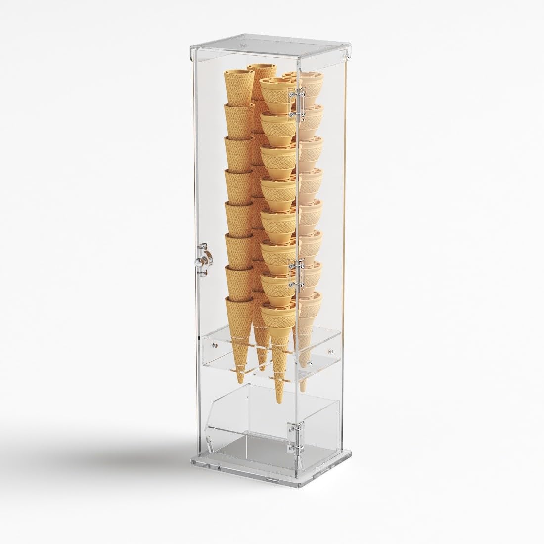 Porta coni gelato in plexiglass trasparente con vaschetta porta cucchiaini e con sportello - Misure: 16 x 13 x H61 cm