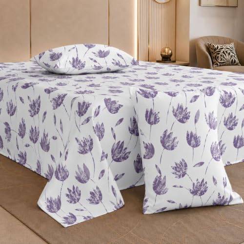 Image of Jaipur Weaves Cotton Linen Feel King Size Bedsheet 108x108 Super King, 100% Pure Cotton Bed Sheet with 2 Pillow Covers, 300 TC Soft Breathable Floral Design Bedding -(Tulips Purple,Super King)