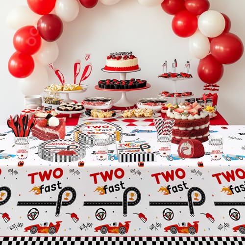 Image of Xigejob Race Car Two Fast Birthday Tablecloth Decorations, Disposable Race Car 2nd Birthday Party Table Cover Supplies, 3 Pack, 54in x 108in