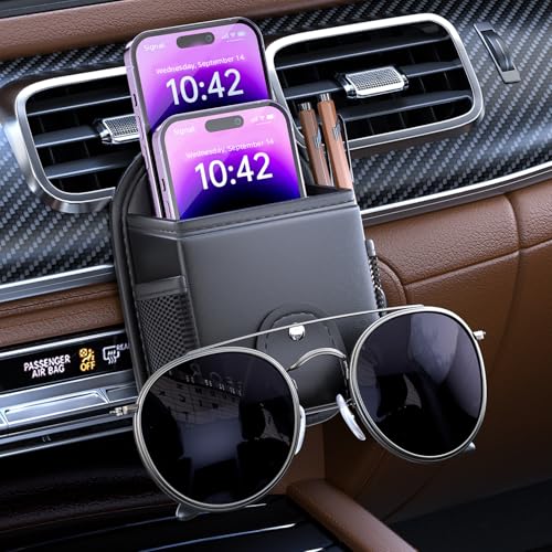 Car Air Vent Storage Bag Organizer Pocket, Sunglass Holder Car Mount Phone Holder Coin Key Card Case Organizer with Clip, Car Air Vent Phone Holder Coin Key Card Case Organizer. (Black)