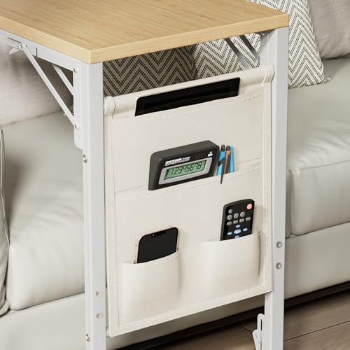 Image of Folding TV Tray Table, Small Folding Side Table with Storage Bag, Portable C Shaped End Table for Couch Sofa Bed, Light Walnut