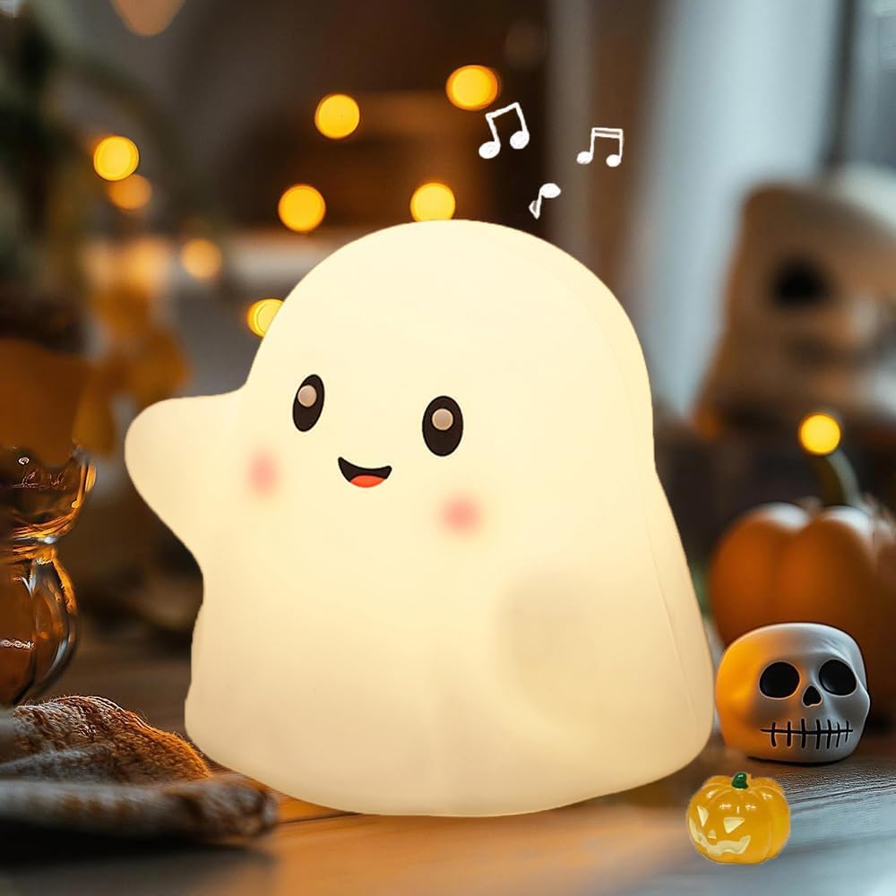 Ghost Night Light for Kids,Halloween Night Light with 13 Interactive Sound Effects ,Cute Silicone Light with 3 Levels of Brightness,Suitable for Indoor Halloween Decorations and Family (white ghost 1) — image 1