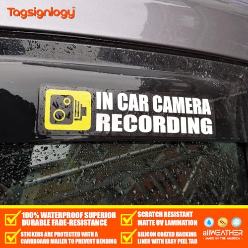 Image of (Pack of 4) in-Car Camera Recording Sticker - Dash Cam on Board Video Security Label, Baby, Passenger, and Driver Safety, Deter Car Break-Ins Window Bumper Weatherproof Decal (Black)