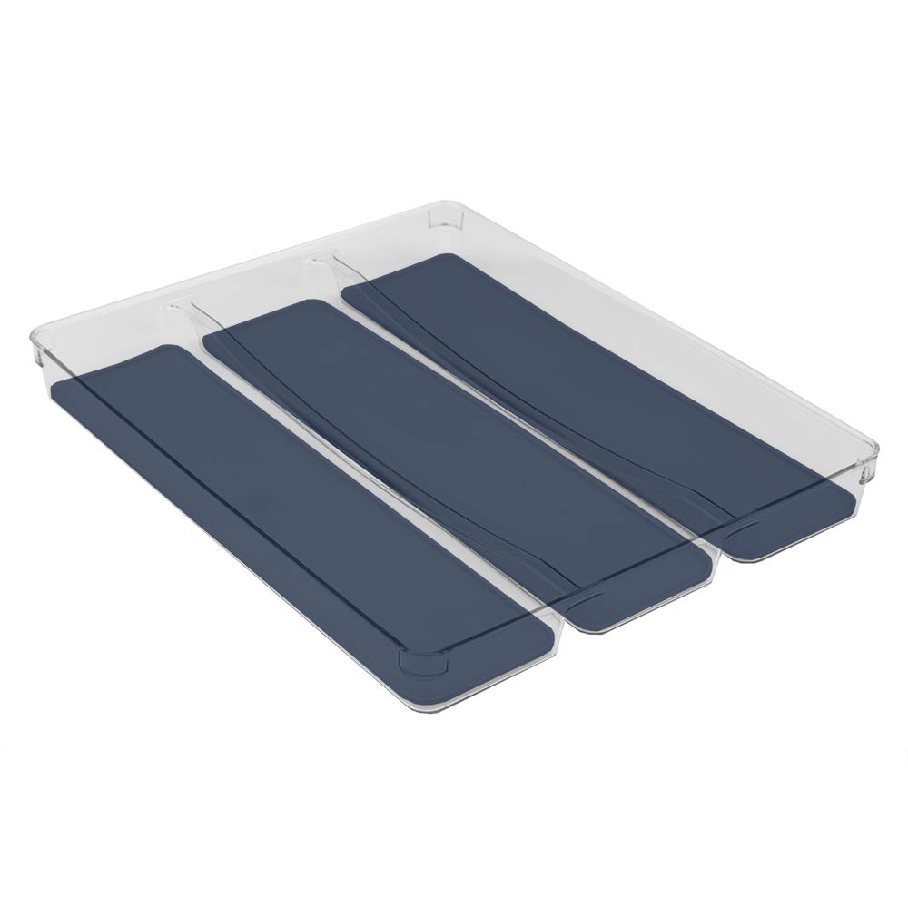 Michael Graves DesignRubber Lined Plastic Cutlery Tray, X-Large 3 Compartment, Indigo/Clear