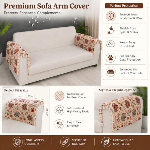 Image of Velvet Quilted Sofa Armrest Covers (Pack of 2) | Red Floral | Anti-Slip Soft Washable Arm Covers with Tassels | 24 x 27 Inches (Full)