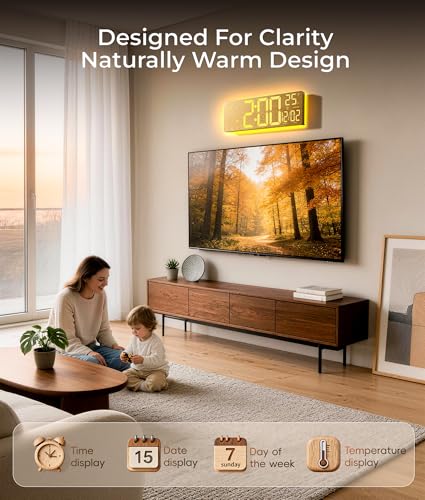 Image of EASYERA 16.5 inch Large Digital Wall Clock with BT Sync, Wood Grain Clock with 11 RGB Light Scenes, Remote Control, Dual Alarms with Big LED Display, Auto DST, Temperature for Classroom Gaming