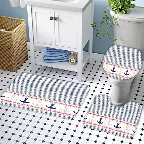Badezimmerteppich-Set 3Teilig Anker rutschfest Waschbar Badematte Badezimmer Weich Mikrofasern WC-Deckelbezug Blaue… – Bild 4