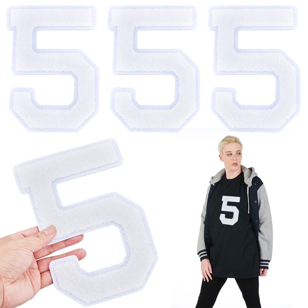 ORIGACH 8 Inch 4 Pcs Large White Chenille Number Self Adhesive Patches Stickers Sew on Numbers for Fabric Clothing Costume DIY Decors, Number 5