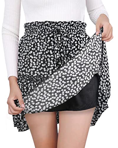 Alelly Women's Summer Cute High Waist Ruffle Skirt Floral Print Swing Beach Mini Skirt