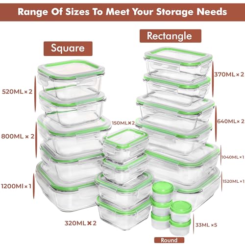Image of Razab 35 Pc Set Glass Food Storage Containers with Lids - Meal Prep Airtight Bento Boxes BPA-Free 100% Leak Proof (15 lids,15 glass & 5 Plastic Sauce /Dip Containers)