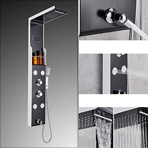 Columna de ducha NEWCES con LED blanco, panel de ducha montado en pared, sistema de torre con ducha manual ABS y estante de almacenamiento miniatura 2