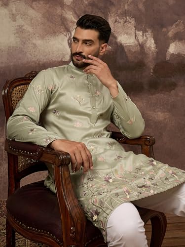 Image of Men's Calf Length Silk Blend Embroidered Solid Kurtas | Men | Kurtas for Mens | Straight Fit Kurta for Men's