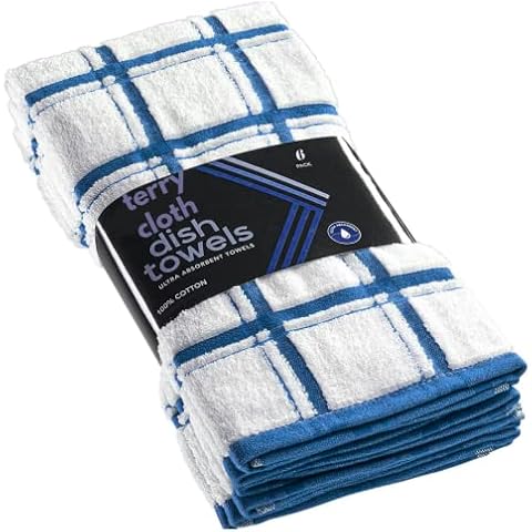 Kitchen Dish Cloth Pack of 6 or Pack of 12 Extra Large Jumbo Terry Tea Towel 100% Pure Soft Cotton 40 x 60 cm Premium Quality Big Checked Terry Drying Cloth Thick Cleaning (Blue, 6) Cover