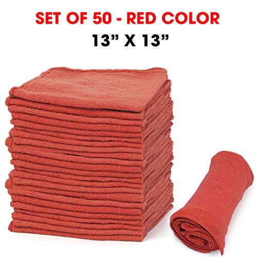 TALVANIA Shop Towels – Pack of 50 Reusable Cleaning Cloths – Durable Quality – Commercial Grade – 100% Cotton Shop Rags 13 X 13 - Washable – Suitable for All Purposes (Red) - Thumbnail 5