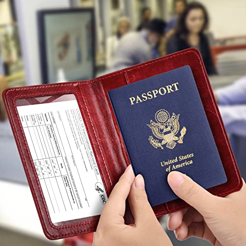 Image of Passport and Vaccine Card Holder Combo with Vaccine Card Slot, Passport Wallet / Cover /Case /Holder for Women and Men(AC-Wine red)