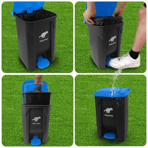 Image of Dog Poop Trash Can Outside, 20L /5Gallon Dog Waste Trash Can with Lid, Pedal and Removable Inner Waste Bin, Pet Poop Bucket with 100 Bags, Blue