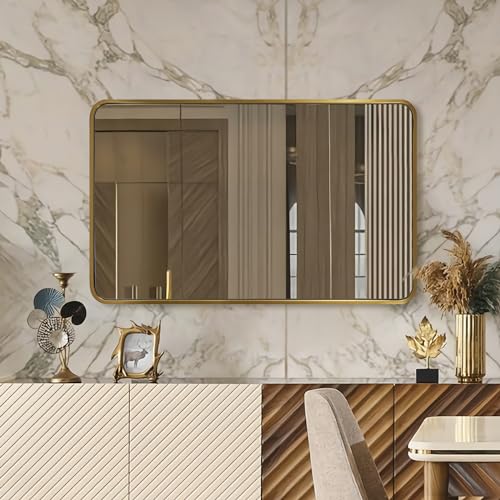 Image of ANDY STAR Brushed Gold Bathroom Mirror 48 inchX30 inch, Brass Bathroom Vanity Mirror Rounded Rectangle, SUS304-Anti-Rust Metal Frame Mirror, Wall Mounted Horizontal /Vertical 1'' Deep
