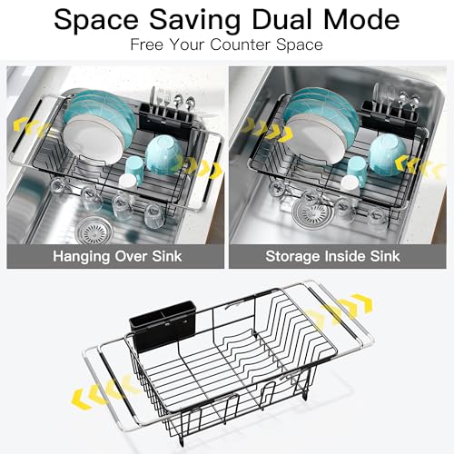 Image of JASIWAY Black Dish Drying Rack in Sink, Dish Drainer with Utensil Holder