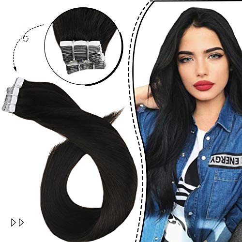 Ugeat Hair Extensions Tape in Human Hair 12inch Human Hair Extensions Sew in Extensions 40PCS 60G 100 Natural Hair Extensions Tape on Hair #1B Off Black