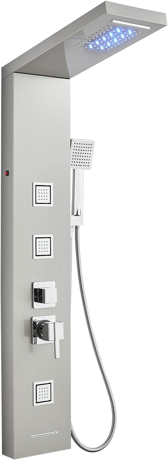 LED Shower Tower System, 5 In 1 Shower Panel with Rainfall Waterfall Shower Head